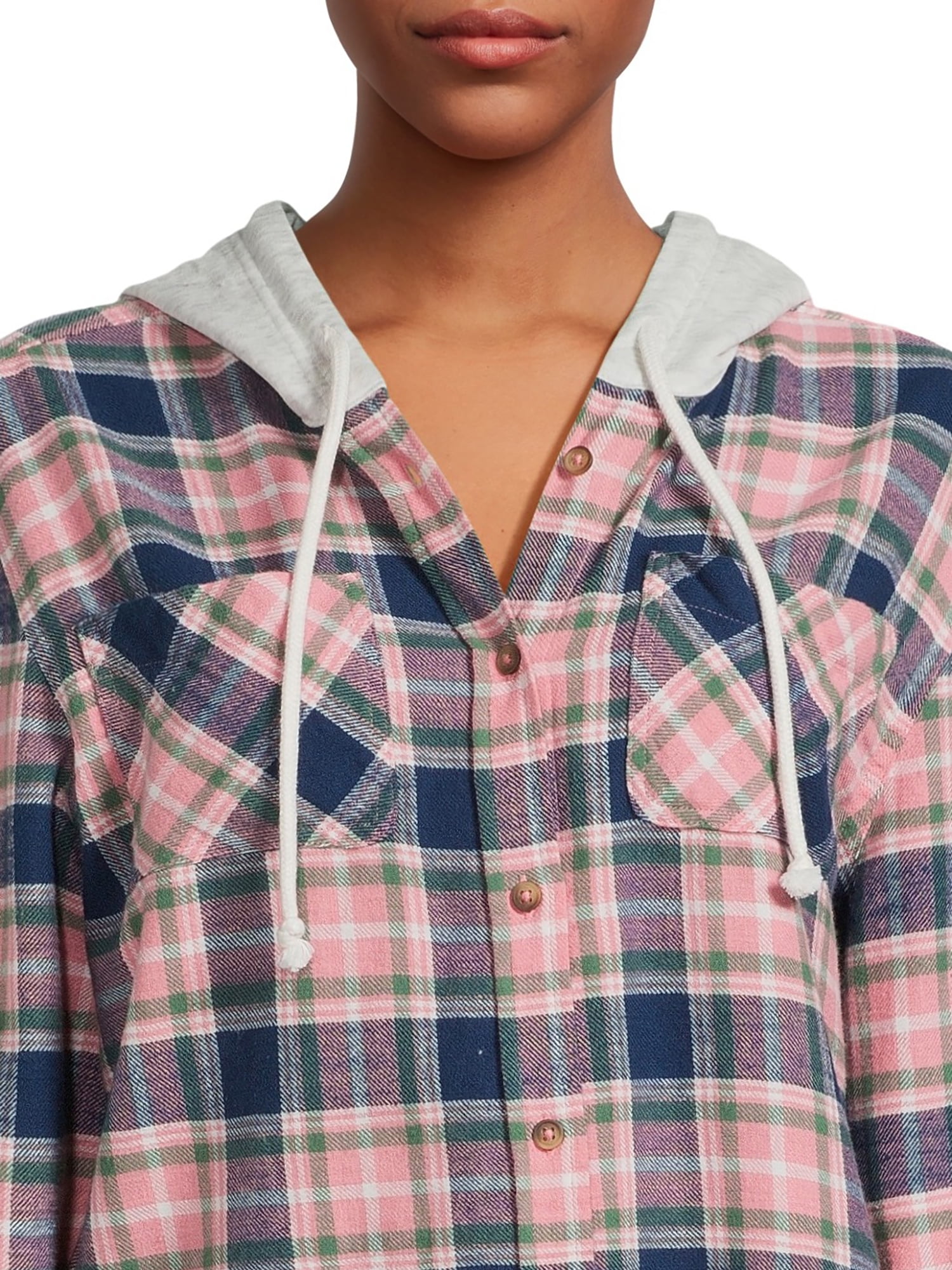 Time and Tru Women's Hooded Crop Flannel Shirt, Sizes XS-XXXL