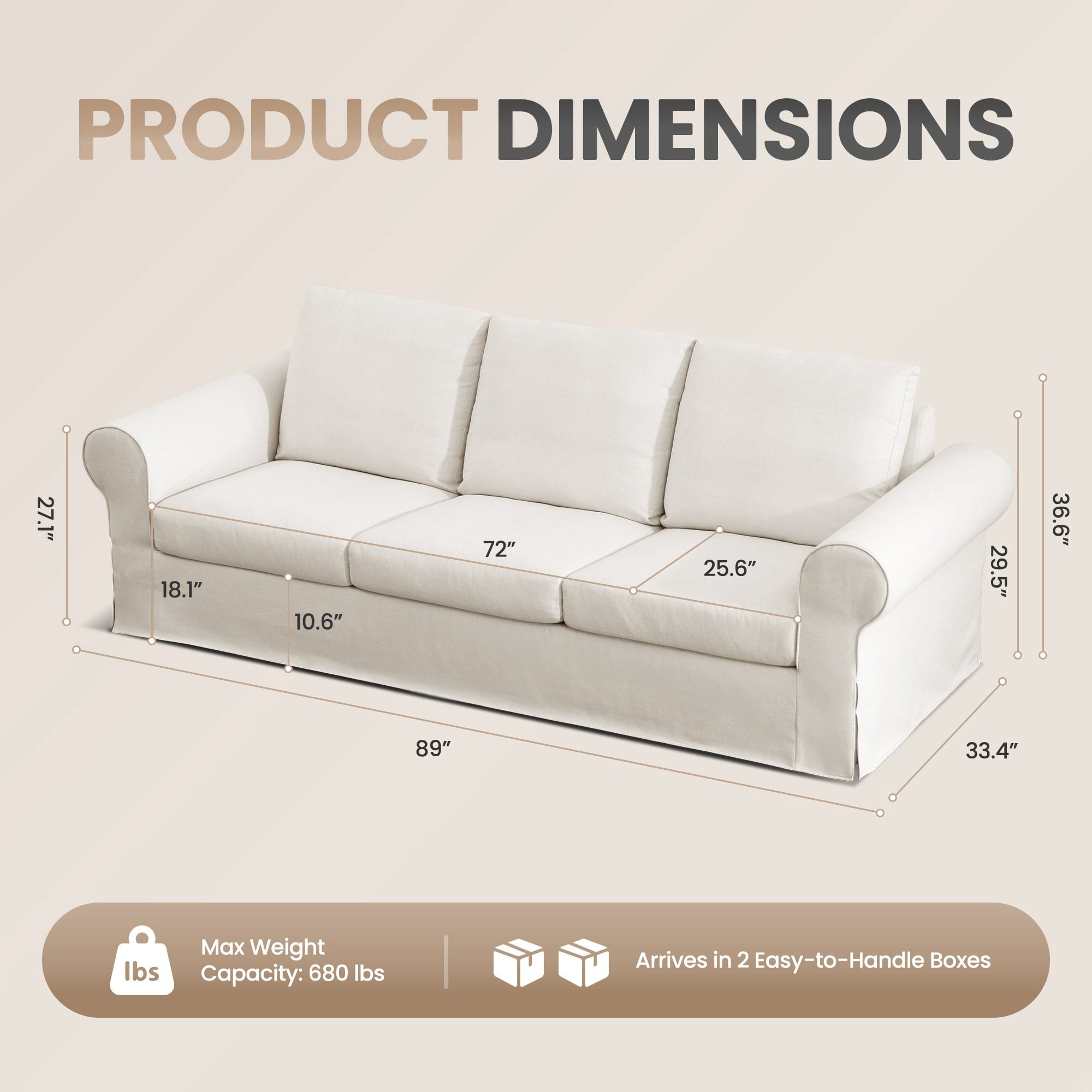 Vorthio 89" 3-Seater Couch for Living Room, Contemporary Fabric Sofa with Rolled Arm, White