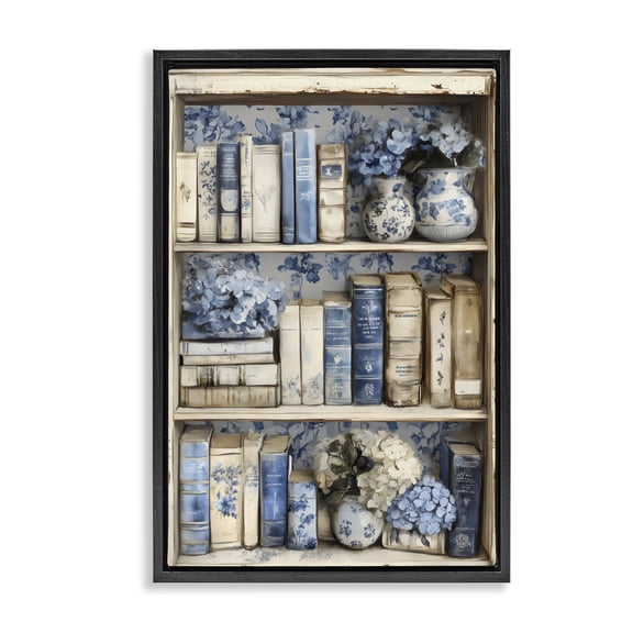 Stupell Industries Blue & Beige Bookcase Black Framed Floater Canvas Wall Art, design by LSR Design Studio