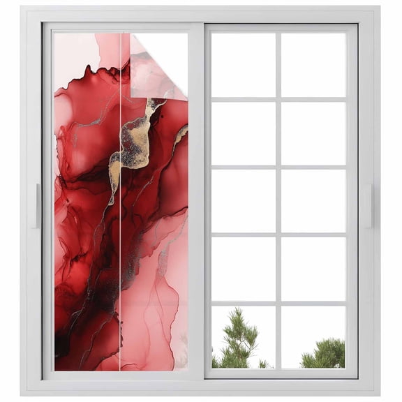 Red Marble Window Privacy Film, Modern Ombre Abstract Ink Painting Art Static Cling UV Sun Blocking Heat Control Window Tint Day and Night, Non-Adhesive One Way Windows Privacy Cover 29.5''x78.7''