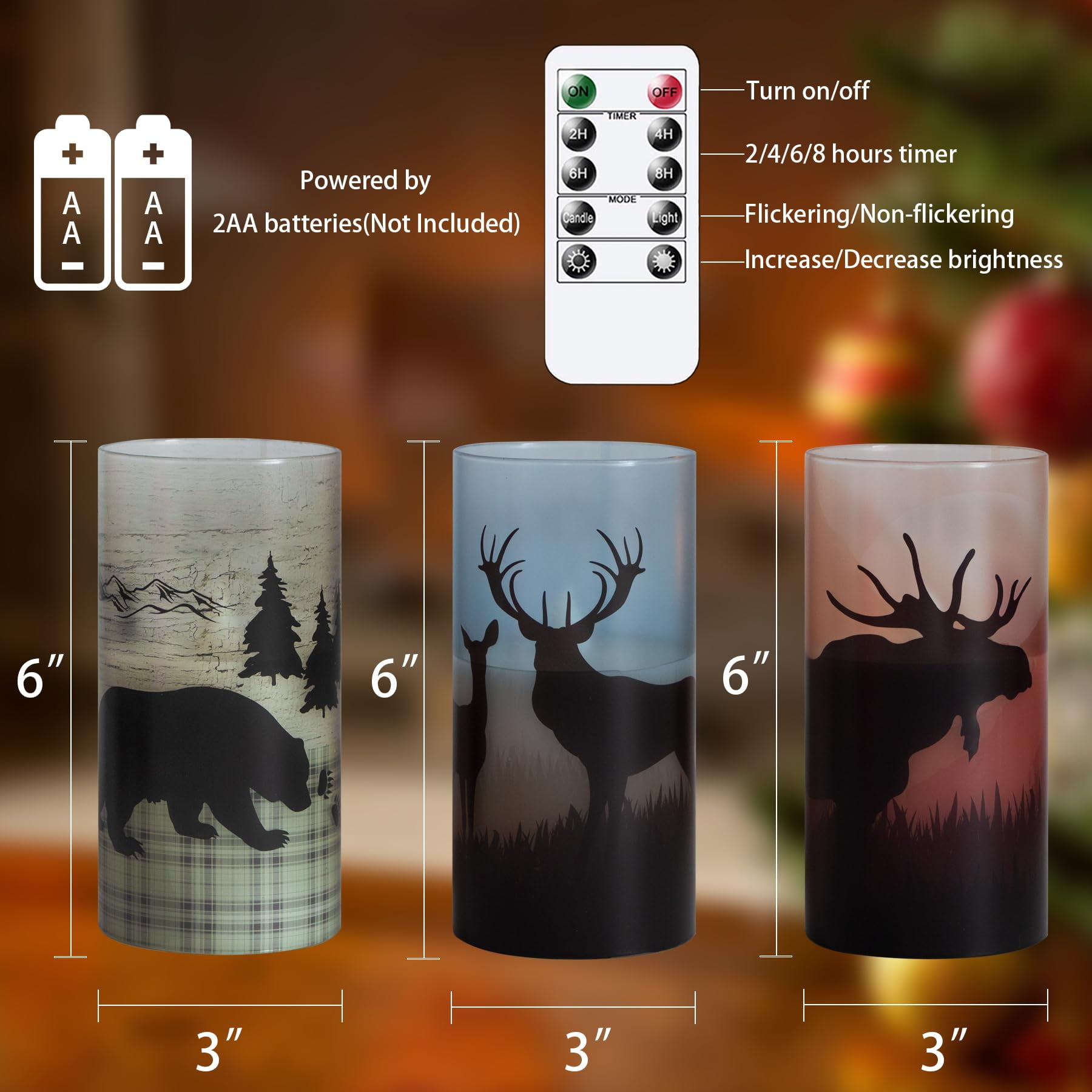 Mavandes 3pcs Flameless Led Real Glass Remote Candles with Deer Moose Bear Decal, 3 x 6 inches Flickering Battery Operated Timer Pillar Candles