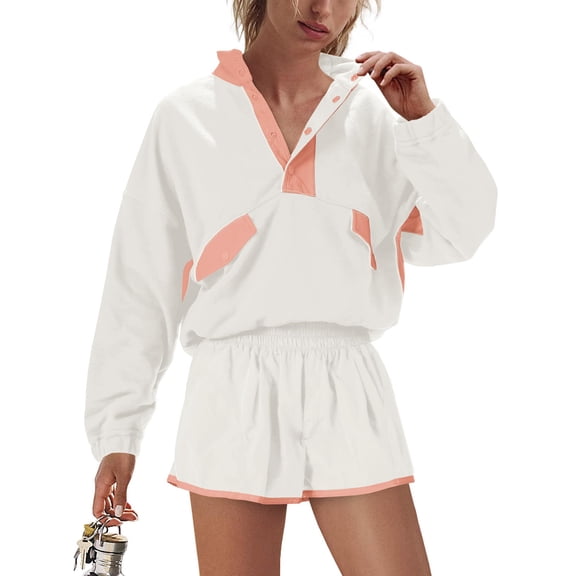Workout Sets for Women 2 Piece Outfits Long Sleeve Button Up Lapel Blouse with Shorts White Activewear