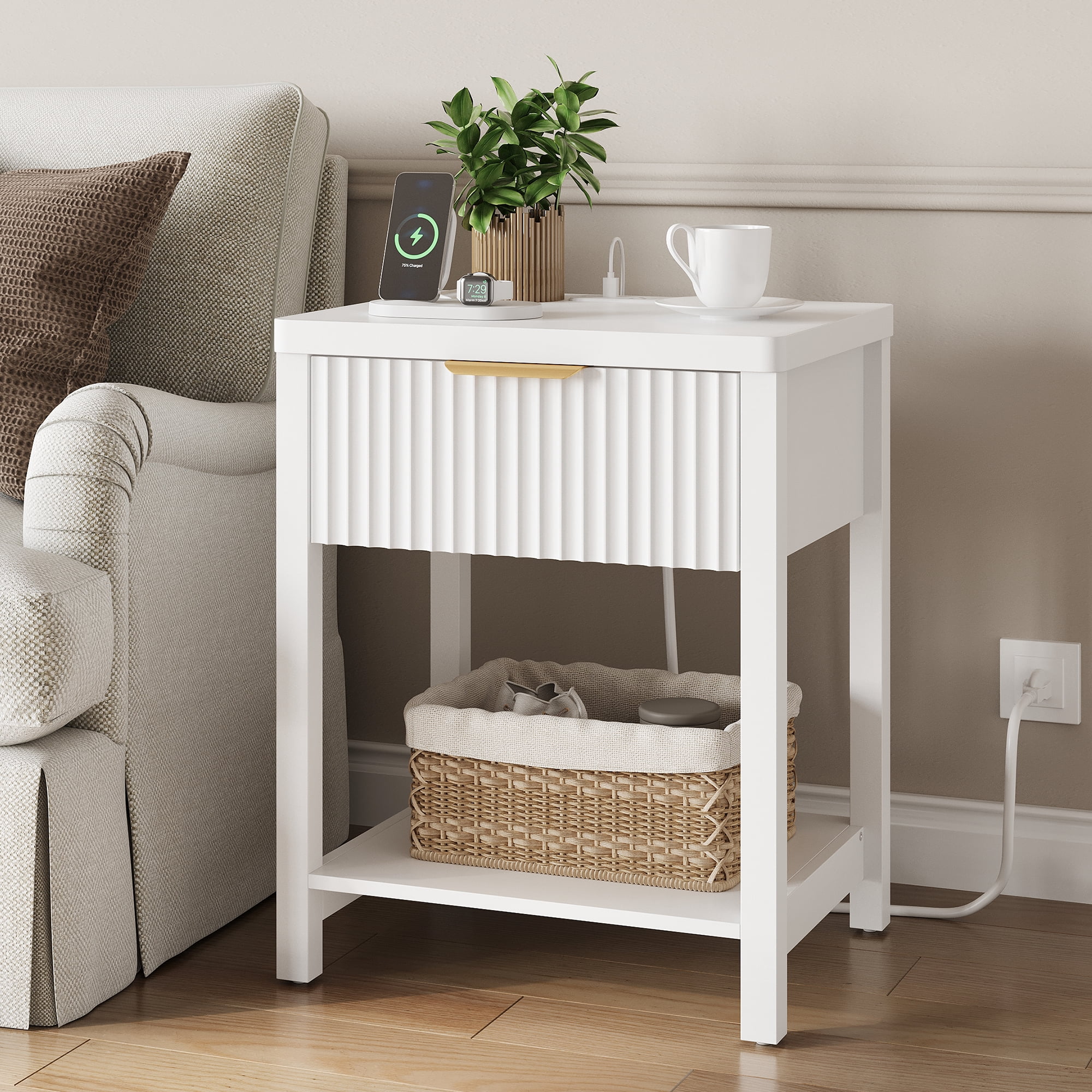 Laintene Nightstand for Bedroom Set of 2, Fluted Bedside Table with 2 AC Outlets & USB/Type-C Ports, Single Drawer & Open Shelf, Minimalist Wood End Table for Living Room, White