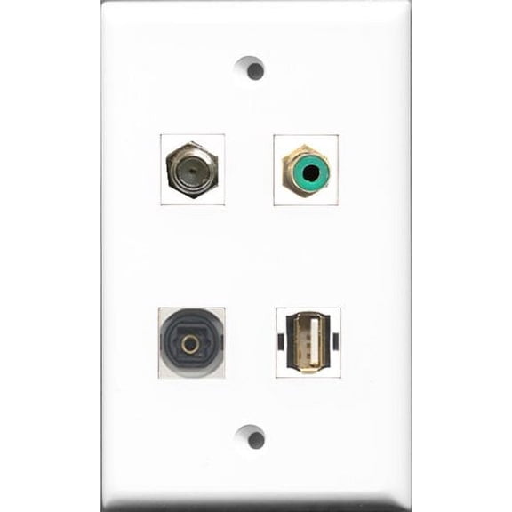 RiteAV 1 Port RCA Green and 1 Port Coax Cable TV- F-Type and 1 Port USB A-A and 1 Port Toslink Wall Plate