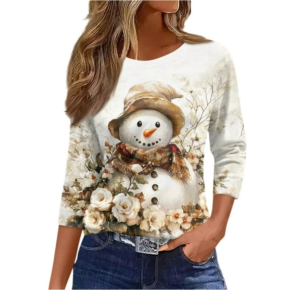 WTOBBY Women's Casual Round Neck Christmas Print 3/4 Sleeve T-Shirt, Ladies Holiday Season Top with Seasonal Design, Comfortable Blouse for Daily Fashion Wear,Beige L