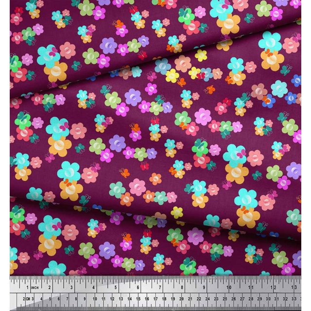 Soimoi Pink Moss Georgette Fabric Insect & Floral Clip Art Printed Fabric 1 Yard 42 Inch Wide