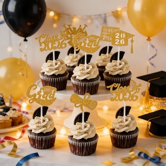 2026 Graduation Theme Cupcake Toppers Glitter Class of 2026 Graduation Cap Diploma Cupcake Picks - Set of 12