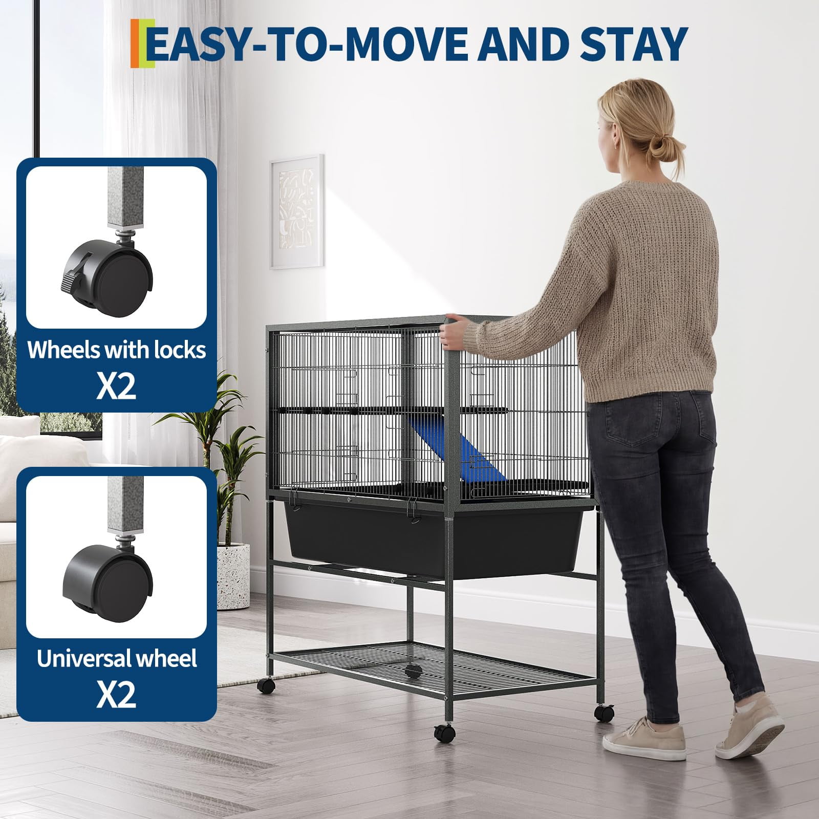 Ataucjin Multi-Level Metal Bird Cage for Small Pets, Removable Platforms & Deep Slide-Out Tray - Lockable Wheels & Storage Shelf,Ideal for Ferrets, Chinchillas, Rabbits, Squirrels
