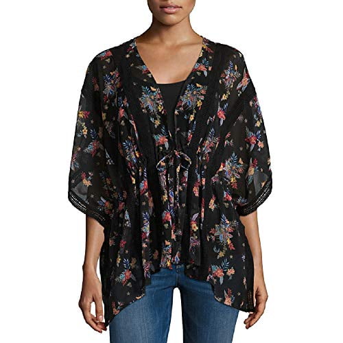 Juniors Self Esteem Tie Front Floral Kimono Top Black L