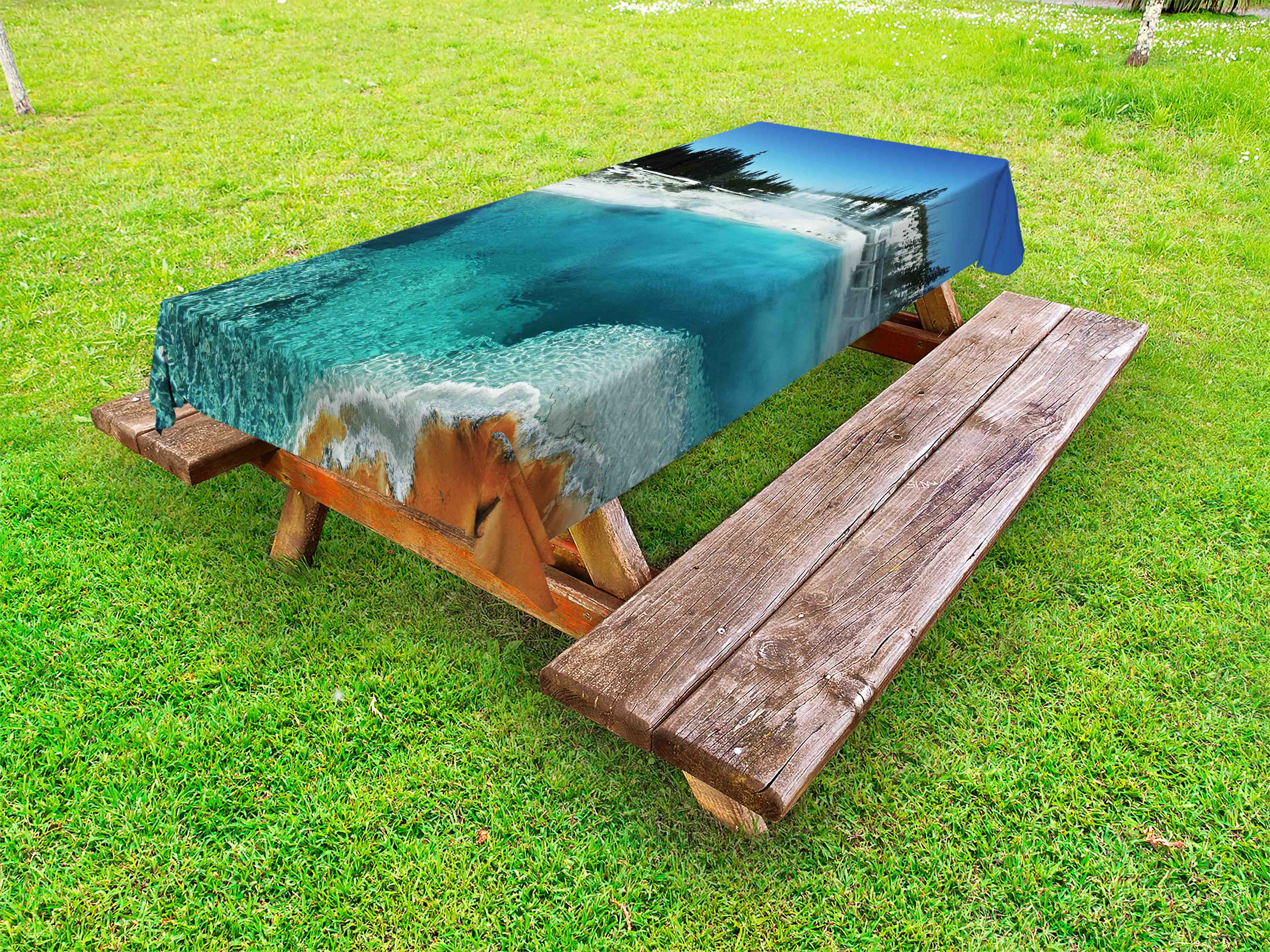 Yellowstone Outdoor Tablecloth, Hot Clear Spring and Evergreen Forest in Yellowstone Snowy