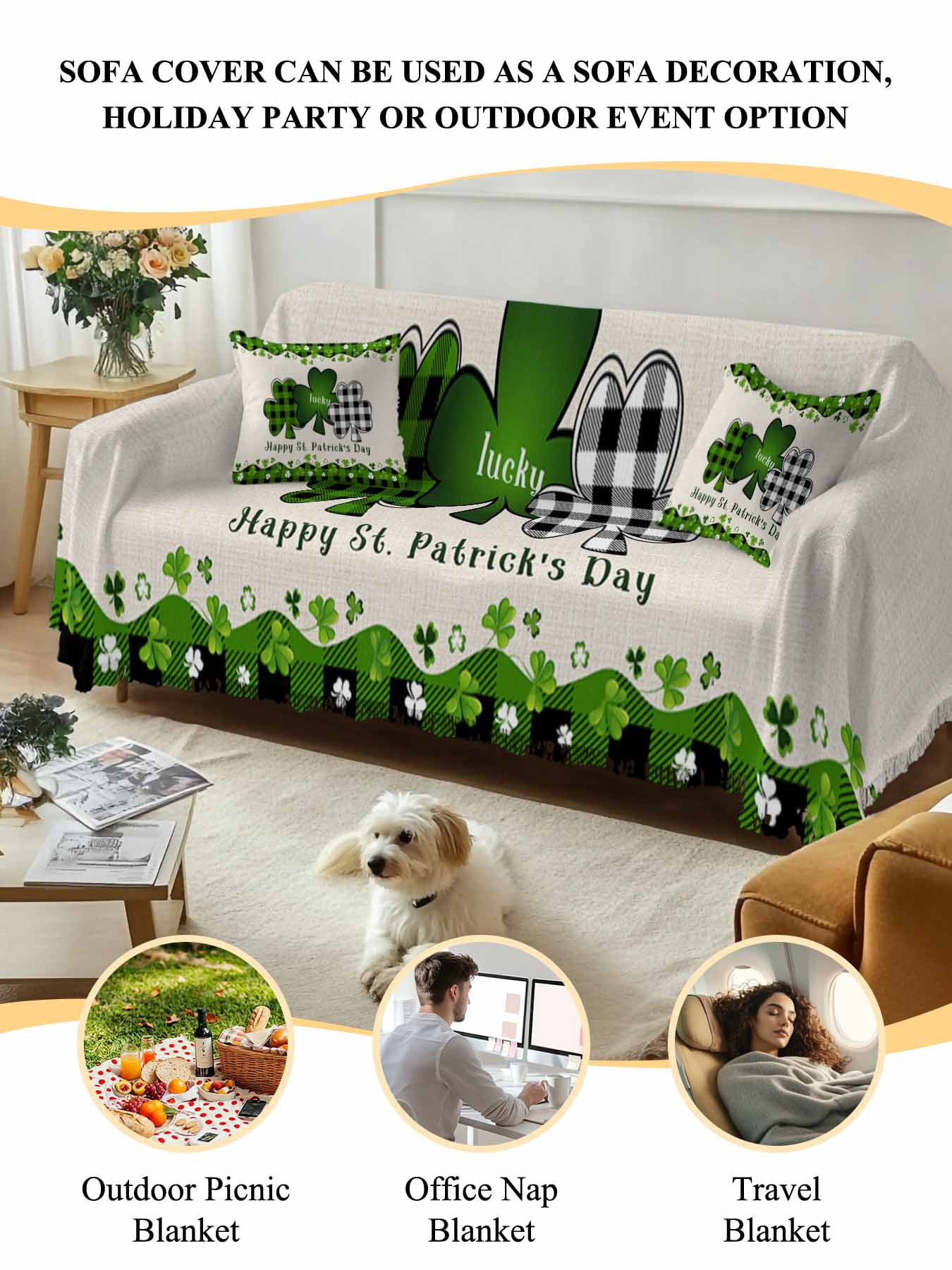 St. Patrick's Day Couch Cover, Green and Black Checkered Lucky Sofa Cover Blanket for 2 Seat Cushion, Sectional Sofa Slipcover Furniture Protector for Living Room Bedroom 71''x102''