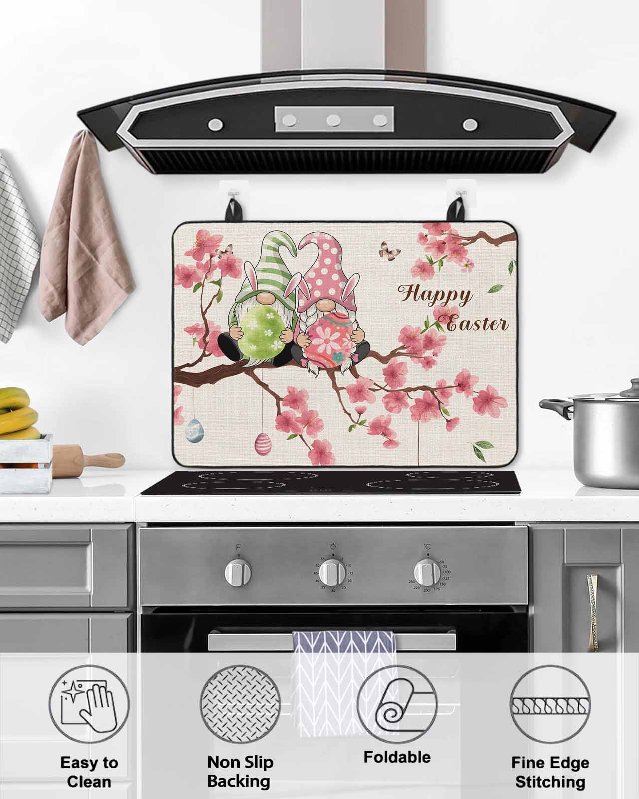 Large Induction Cooktop Protector Mat Easter Stove Top Covers for Electric Stove, Country Spring Gnomes Flowers Colorful Eggs Retro Decorative Stove Burner Cover Mats, Glass Top Stove Cover
