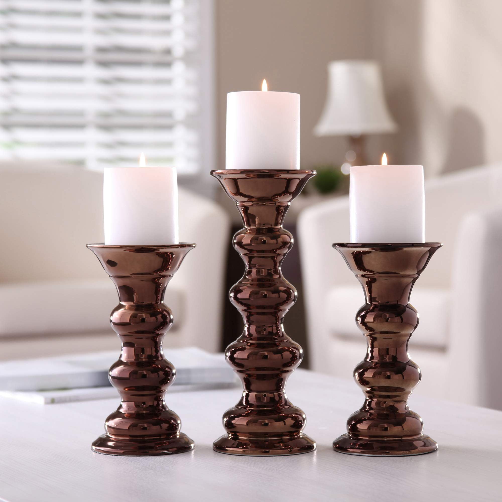 Better Homes and Gardens Ceramic Metallic Pillar Candle Holders, Set of