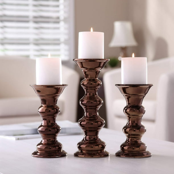 Better Homes and Gardens Ceramic Metallic Pillar Candle Holders, Set of