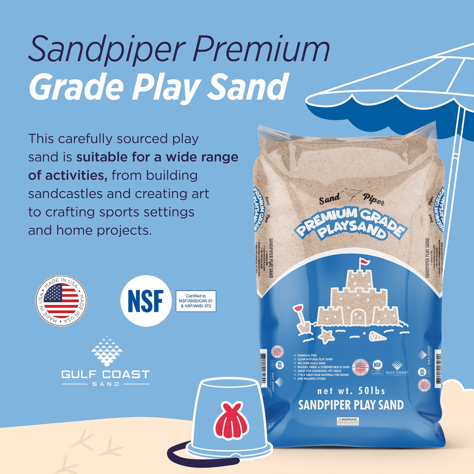 Sandpiper Multiuse Play Sand for Kids, Indoor Outdoor Silica Sand for Sandbox, 50 Lb Bag