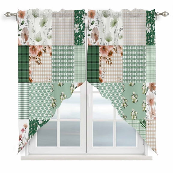 Boho Spring Floral Kitchen Window Curtains, Swag Curtains Valance for Bedroom Living Room Bathroom, Retro Flowers Plants Patchwork Grid Green Rod Pocket Window Curtain Block Drapes 2 Panels 36"x45"