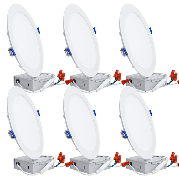 6 Pack 18W 8 Inch Ultra-Thin Recessed Ceiling Light with J-Box, 3000K Warm White, 120W Eqv. Dimmable IC-rated Downlight