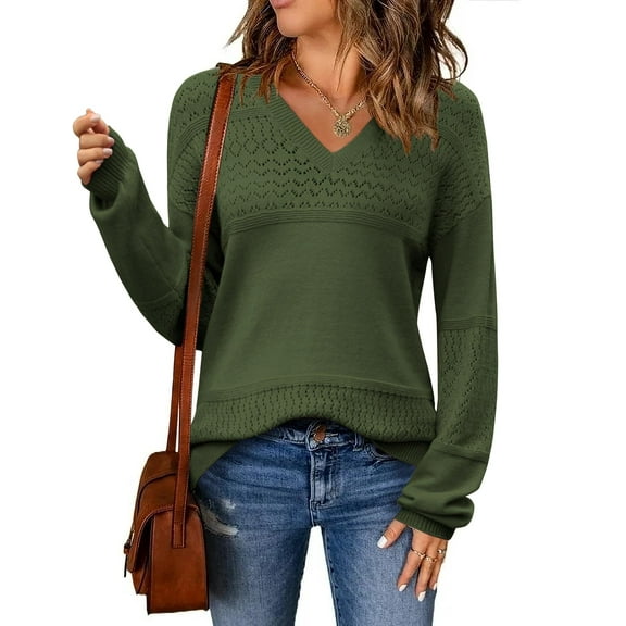 Zeagoo Womens 2025 Fall Pullover Sweaters Batwing Long Sleeve Ribbed Knitted Pullovers Crochetd V Neck Top