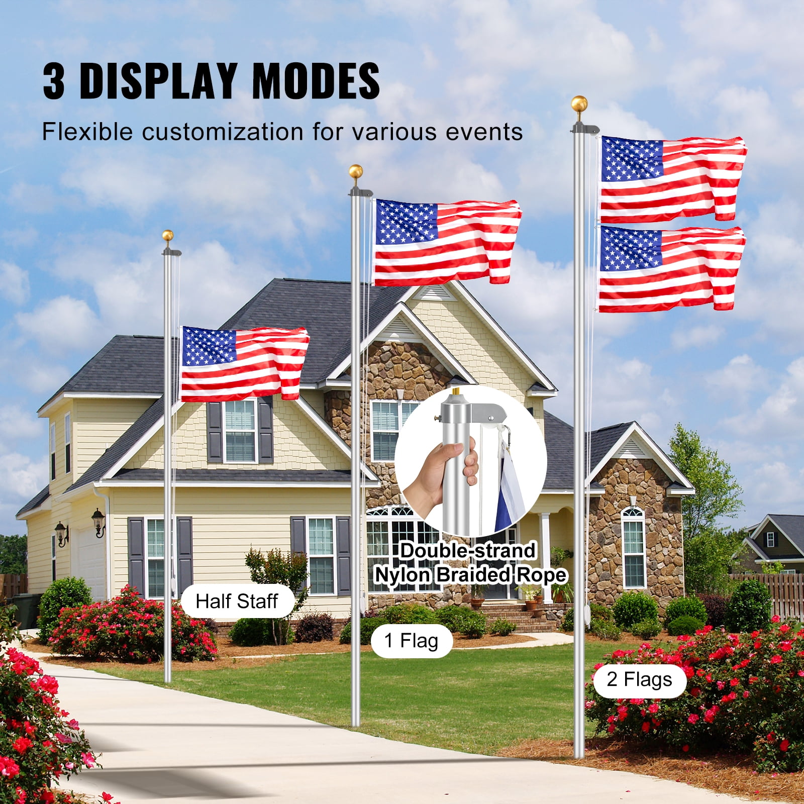 KFFKFF 25FT Modular Flagpole Kit, Durable Aluminum Outdoor Flagpoles, 3 Configuration Options with 3x5 US Flag, Quality Accessories, Silver