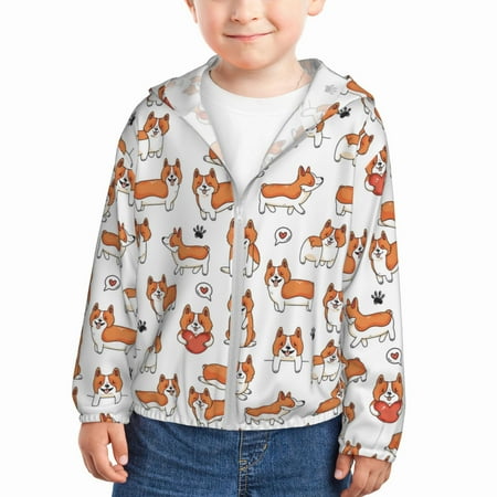 

Sun Hoodie for Kids Cartoon Cute Corgi Dog Funny Love Long Sleeve Swim Fishing Shirts Sun Protection Zip Up Jacket Clothing Athletic Hoodie