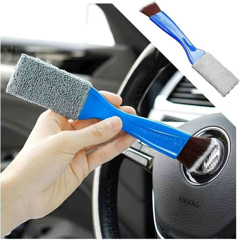 Double Head Brush for Car Clean, 2 in 1 Soft Soft Nylon and Coral Fleece  Duster for Detailing Interior Exterior, Auto Air Vents Dashboard Screen  Clean Brush, for Vehicle Wheel Crevice (Blue) 