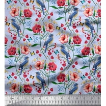 Soimoi Blue Cotton Cambric Fabric Insect,Floral & Bluebird Bird Fabric Prints by Yard 56 Inch Wide
