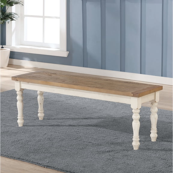 Miekor Furniture Prato Two-Tone Wood Upholstered Dining Bench, Antique White and Distressed Oak 43243