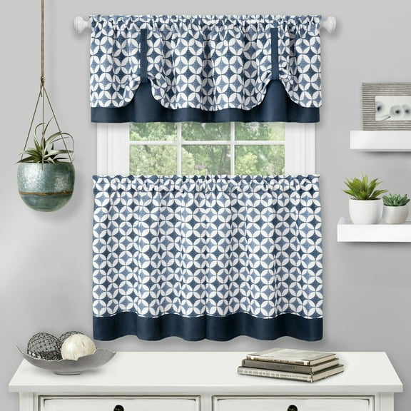 Kate Aurora Modern Geo 3 Pc Kitchen Curtain Tier & Valance Set - Navy, 24 in. Long