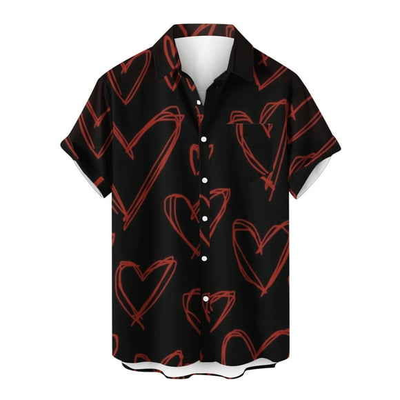 Button Down Shirts for Men Stylish Casual Hawaiian Beach Shirts Lapel Collar Valentines Shirt Printed with Pocket