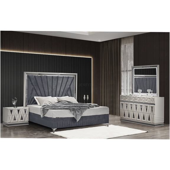 JERFIT Queen Bedroom Set 4pc with LED Bed and Hydraulic Storage, Modern Velvet Upholstered Platform Bed, Dresser, Nightstand, Mirror for Contemporary Bedroom in Grey