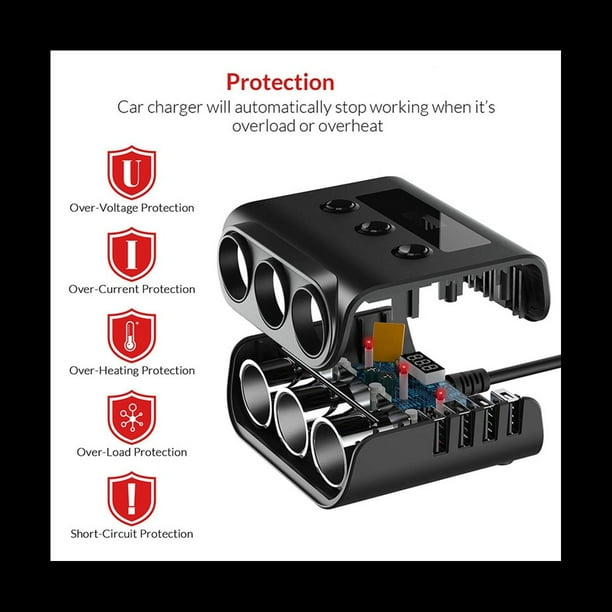 Encendedor de Auto TR12 con Evaporador Triple y Pantalla de Voltaje de Interruptor 4 USB Encendedor de Auto 120W Cargador, Negro