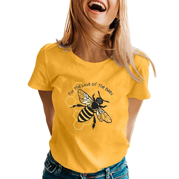 Alun Cute Honeybee Graphic T Shirts Round Neck Soft Comfort Fit Short Sleeve Tee Shirts for the Love of the Bees Fashion Letter Printed Summer Ladies Tops Yellow XL