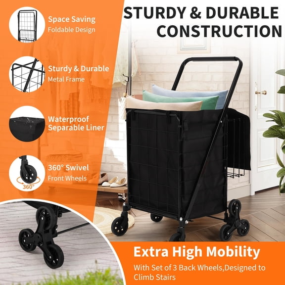 Kojooin Stair Climbing Shopping Cart with Waterproof Basket Liner & 360° Rolling Swivel Wheels, Portable Collapsible Grocery Cart for Laundry, Luggage Camping, Black