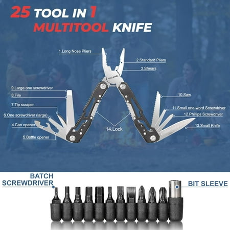 TYHREF-Outdoor 25-In-1 Mini Multitool plier Portable EDC Gear with Safety Locking Nylon Sheath All-in-One Utility for Camping Hiking Survival Birthday/Christmas Gifts for Dad Husband Boyfriend - silv