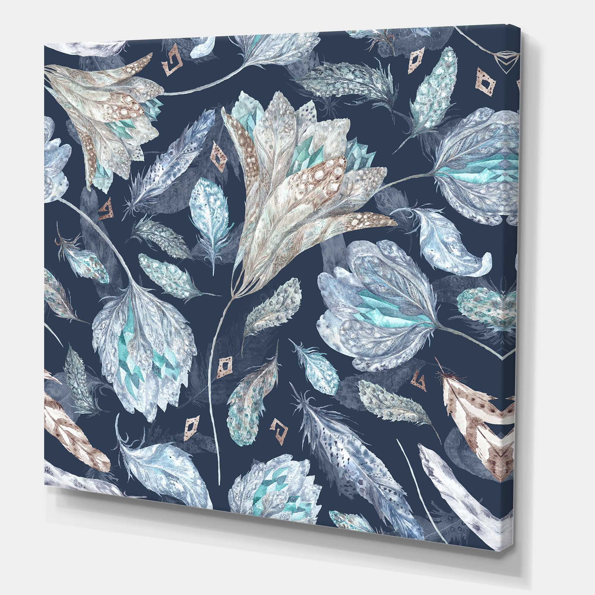 Designart ' Navy Blue Botanical Pattern With Feathers ' Traditional Canvas Wall Art Print