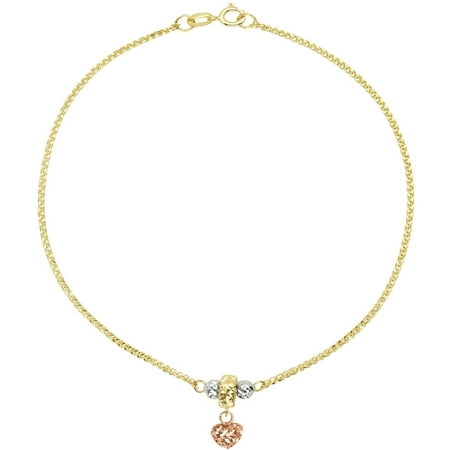 American Designs 14kt Yellow, Rose & White Gold Diamond-Cut Puffed Heart, Love, Bead/Ball, Tri-Color Dangle Charm Bracelet 7.5 Chain