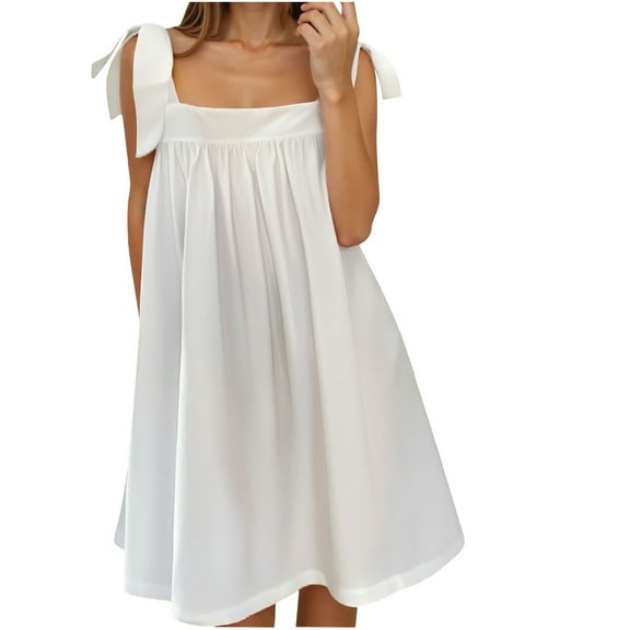 Taqqpue Womens Summer Sleeveless Mini Dress Casual Solid Color Tie Shoulder Square Neck High Waist Beach Tank Dress Swing A Line Short Sundresses
