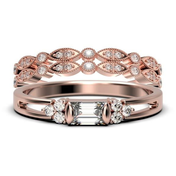 Classic Minimalist 2.00 Carat Baguette Cut Diamond Moissanite Engagement Ring, Split shank Wedding Ring in 925 Sterling Silver With 18k Rose Gold Plating Promise Ring, Trio Rings Set