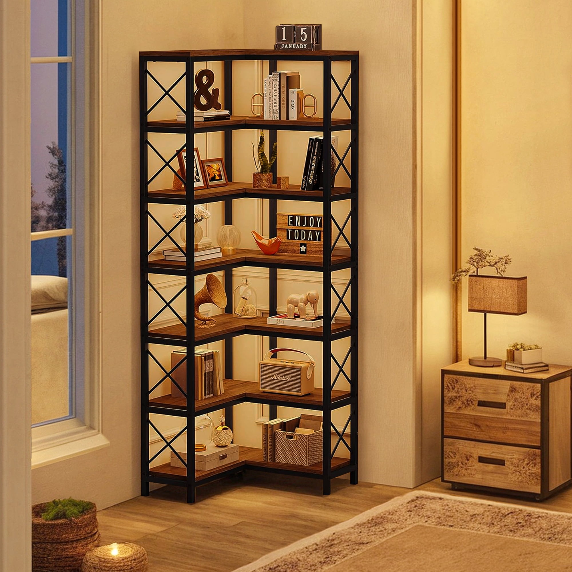 Demi Bonn 7 Tier Corner Bookshelf, Bookshelves, Open Etagere Bookcase Shelf Storage Organizer, Storage Shelving Unit for Bedroom, Living Room and Home Office, Brown