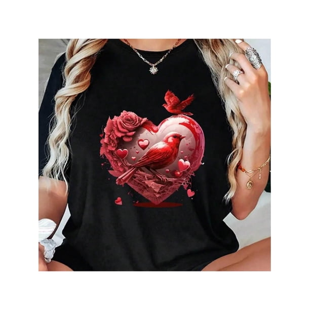 Camiseta de mujer con estampado de pájaros y corazones de San Valentín - Cuello redondo, informal, deportiva