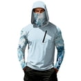thumbnail image 2 of Men's Abstract Print Hooded Fishing Shirt with Face Mask - Long Sleeve UPF 50+ Quick-Dry Sun Protection Pullover with Zipper Pocket, Drop-Shoulder Outdoor Top for Hiking & Sports Light Blue S, 2 of 7