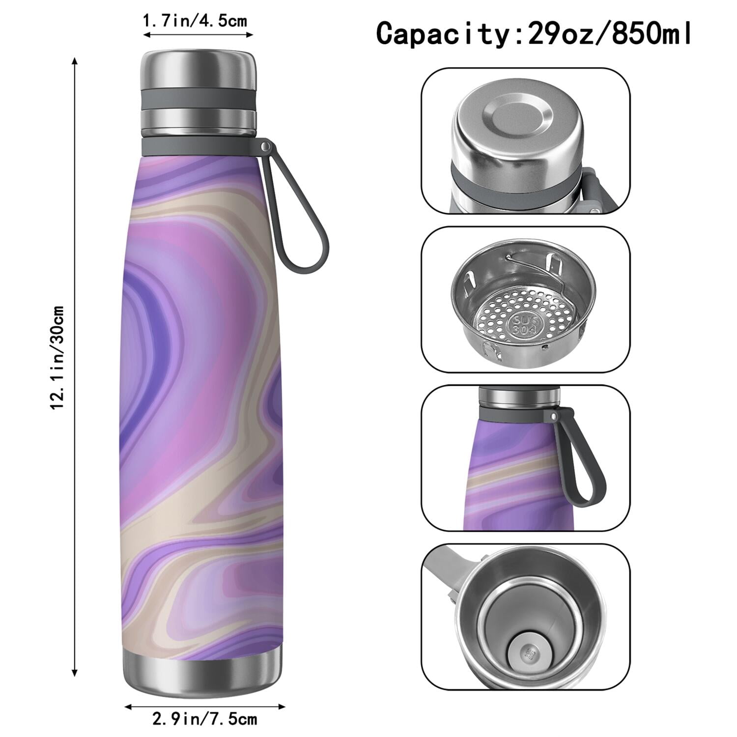 29oz Insulated Water Bottle with Tea Infuser, Stainless Steel Travel Mug, Liquid & Marble Print