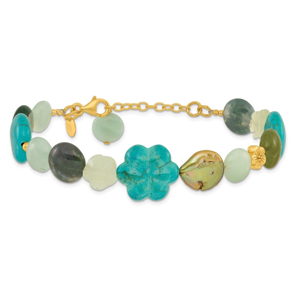 Diamond2Deal 925 Sterling Silver Gold-plated Amazonite/Jasper/Jade/Recon Magnesite Bracelet for Women 1in ext.40"