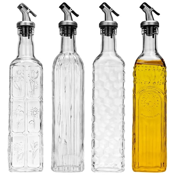 4 Pcs 500ml Olive Oil Dispenser Bottles, Oil and Vinegar Glass Bottles with Automatic Pouring Spout, Oil Bottle Set for Kitchen Cooking, Carved Design