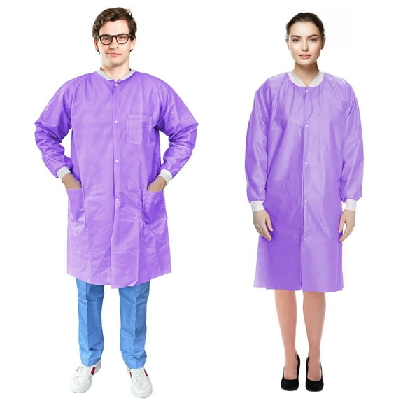Disposable Lab Coat 43 Inches Long, Medium. Pack of 10 Purple SMS Disposable Lab Coats for Adults. 50 GSM Disposable Coats Medical with 3 Pockets, Front Snaps, Knit Cuffs, and Collar