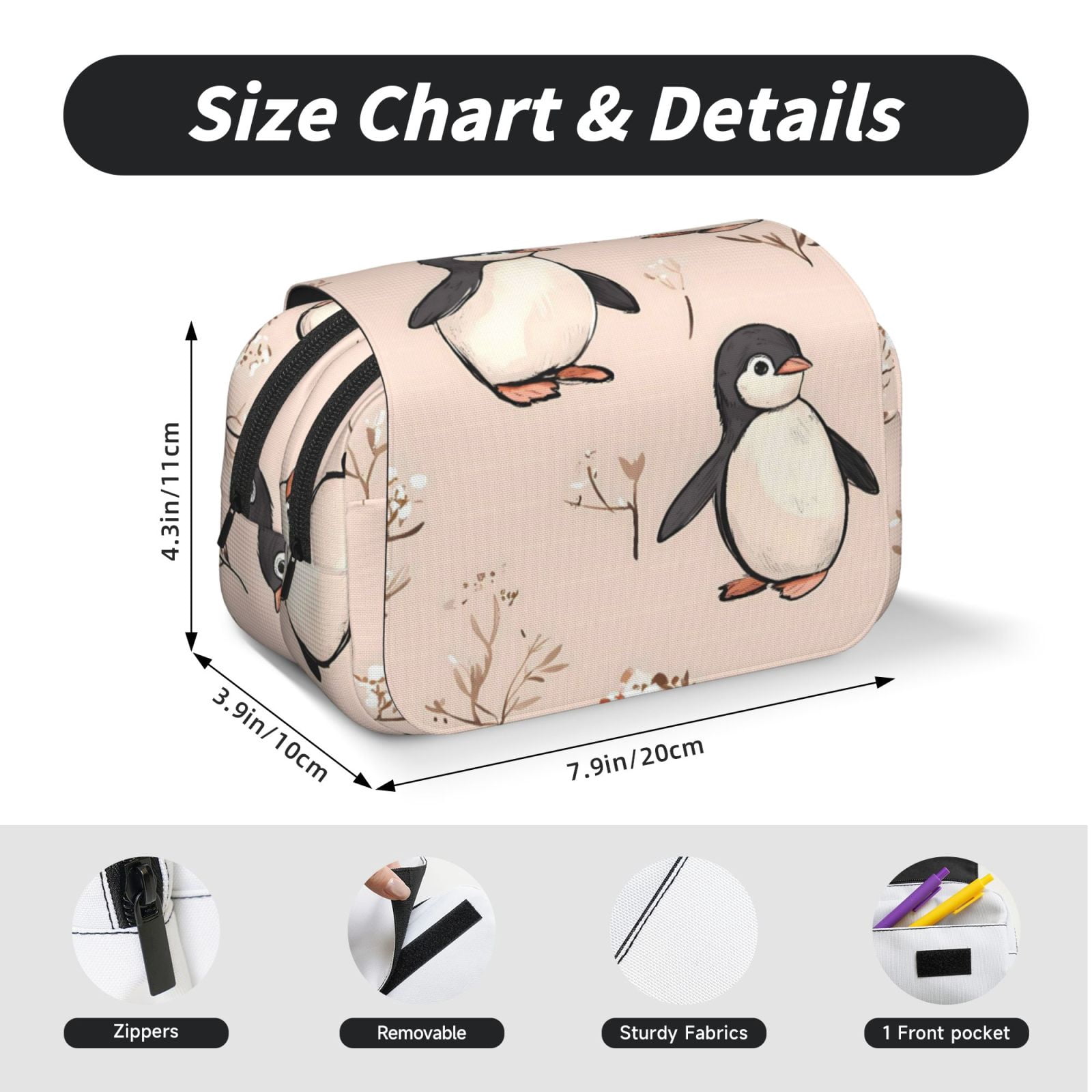 Large-Capacity Flip-Top Double-Layer Pencil Case, Multi-Functional Pocket Pen Case, Durable Stationery Organizer Adorable Penguin
