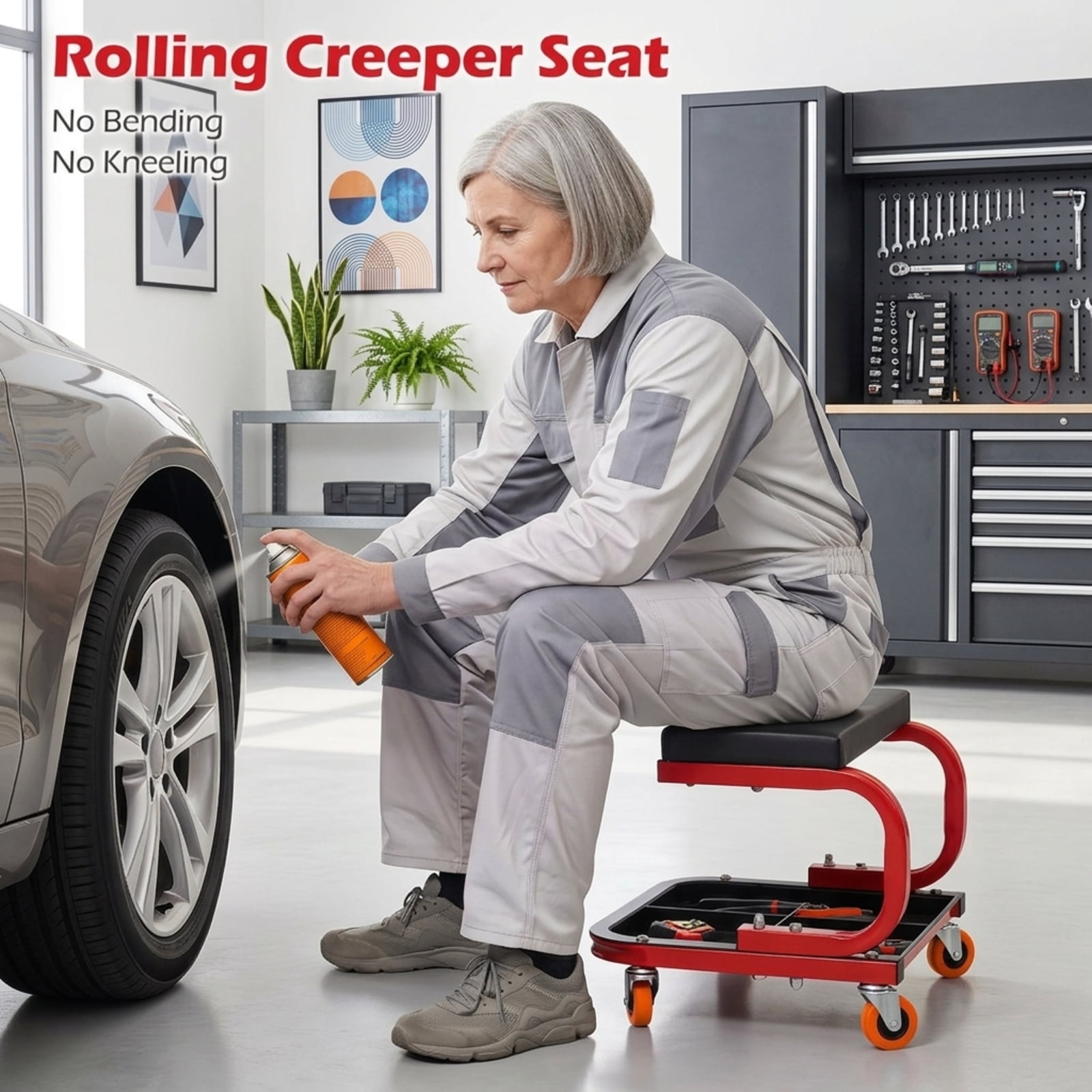Biotree Rolling Shop Stool Adjustable Swivel Shop Seat 14.5" x 17.5" x 9" with Tool Storage for Garage Shop, Red
