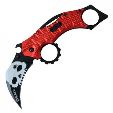 Spring-Assist Folding Knife | Wartech Black Skull Blade Red Tactical