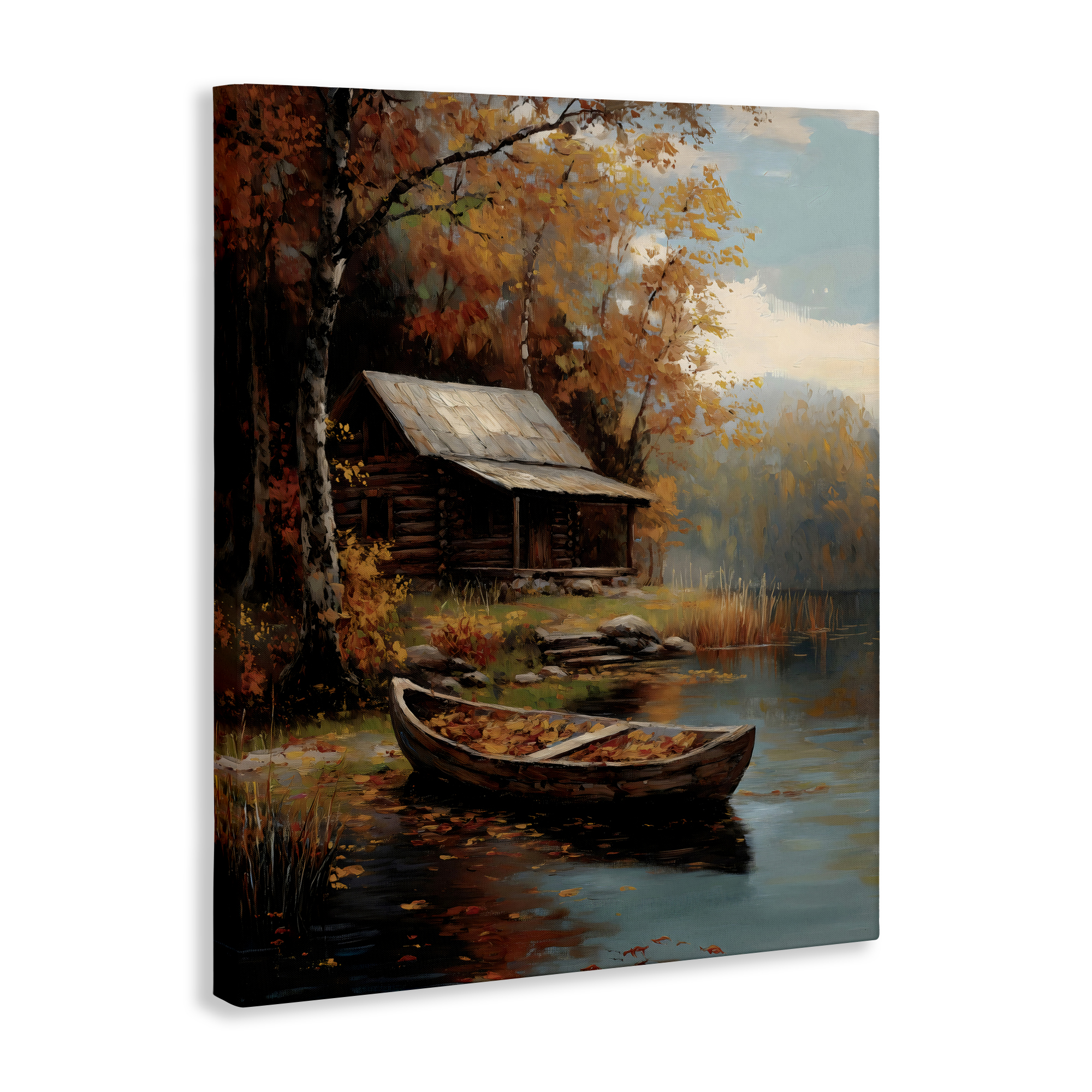 Autumn Cabin Canoe with Leaves Canvas Wall Art, design by Arlington Prints