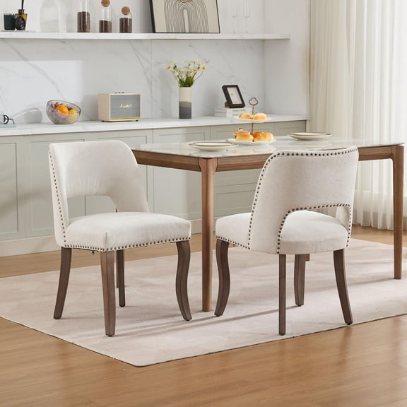 Dining Chairs Set of 2, Upholstered Dining Chairs, Farmhouse Chairs With Hollow-Out Curved Backrest, Dual Rebound S-Spring And Foam Cushion, Curved Solid Wood Legs, Beige Breathable Fabric